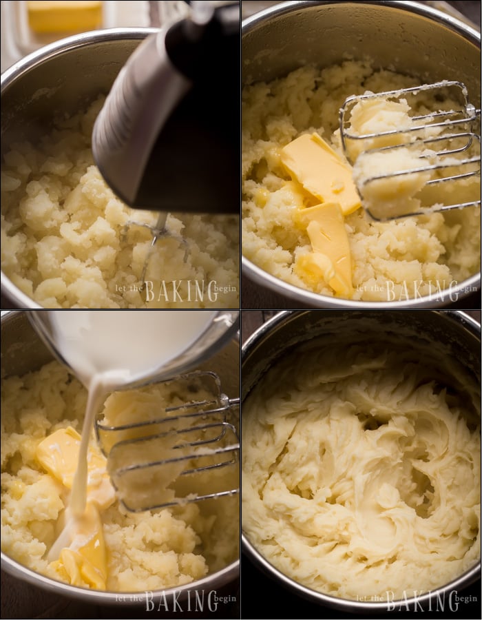 How to whip up the potatoes with a mixer, add milk and butter and whip again until fluffy.