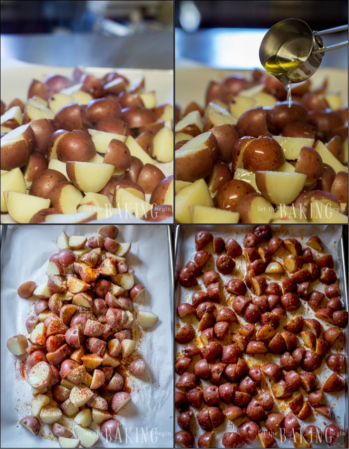 Sliced breakfast potatoes on a baking sheet being drizzled with olive oil and seasoning.