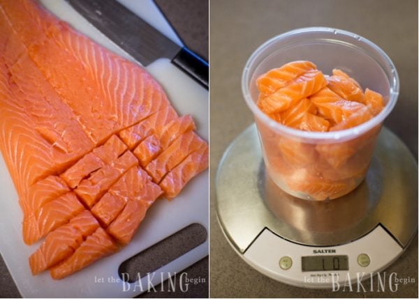How to cut salmon fillet into little logs.