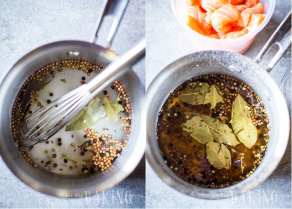 How to make marinade for cured salmon by adding all ingredients and whisk together. 