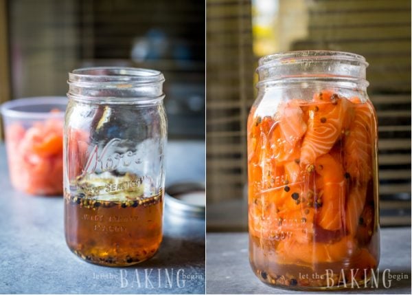 How to combine salmon and marinade in a mason jar.