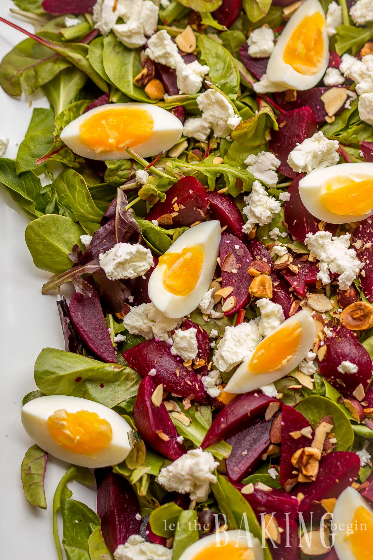 Beet and Goat Cheese Salad with Egg is served on a bed of Spring Mix Salad, then sprinkled with Goat Cheese, Hazelnuts and Egg on a platter.
