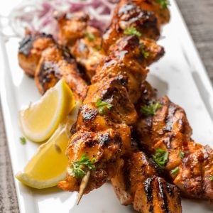 This Grilled Chicken Kabobs Recipe uses a flavorful spice combination to give the juicy chunks of meat a kick of heat and flavor. This is my go to recipe when I want dinner on the table in 30 minutes or less. You can use the spice blend to marinate the chicken ahead of time, or make it right before grilling. The flavor will be amazing, either way!