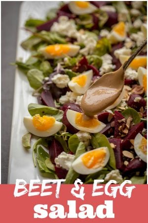 Beet & Egg Salad is served on a bed of Spring Mix Salad, then sprinkled with Goat Cheese & Hazelnuts, and finally drizzled with Honey Balsamic Vinaigrette. It is simple, healthy, hearty and delicious!