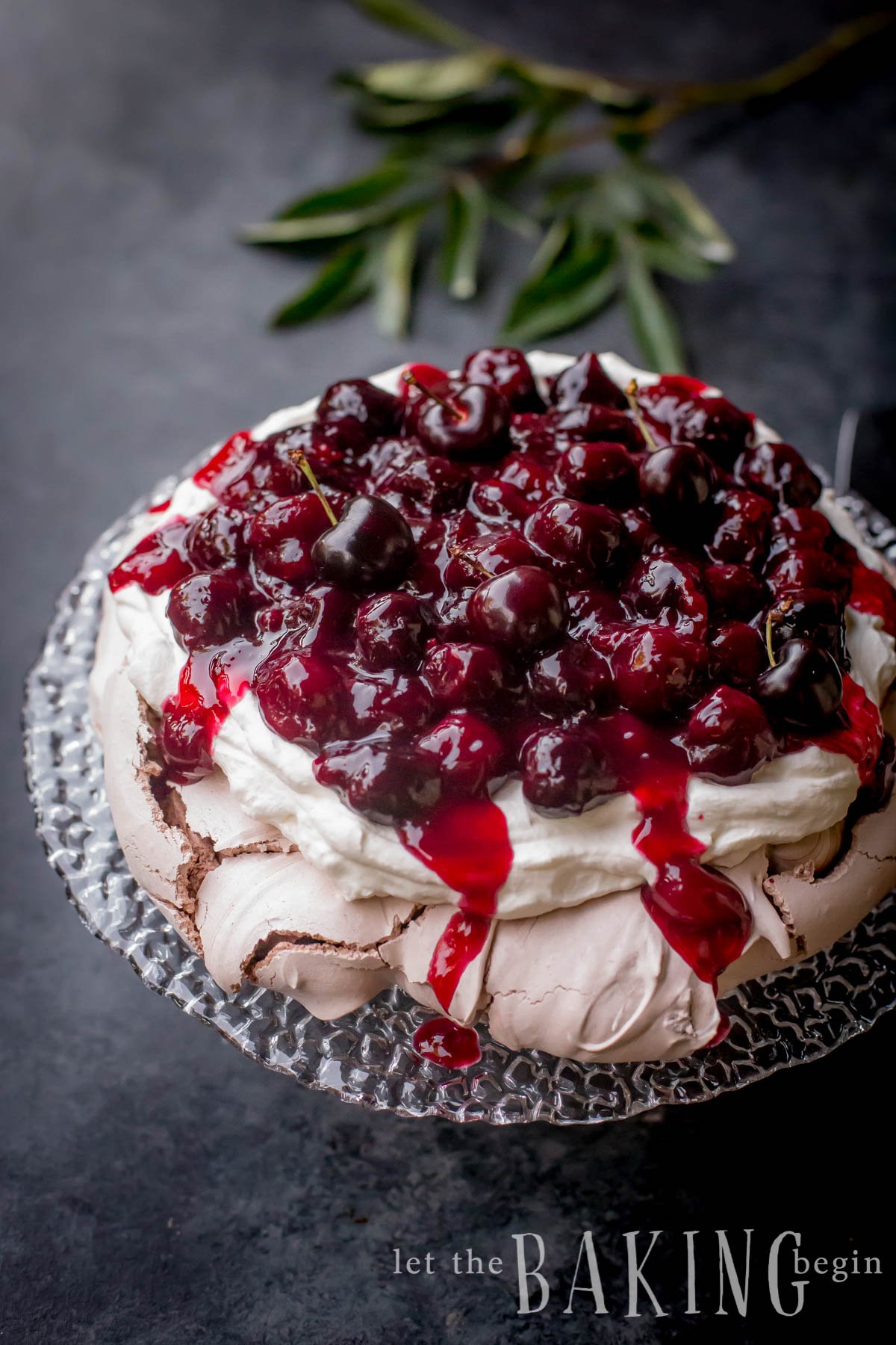 Assembled Cherry Chocolate Pavlova with the meringue disk, whipped cream and cherry sauce on top.