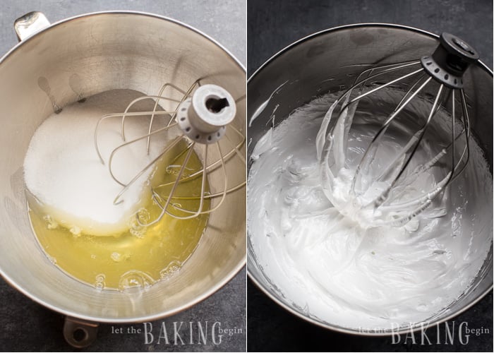 Preparation of Meringue - combine egg whites and sugar, then whip until fluffy.