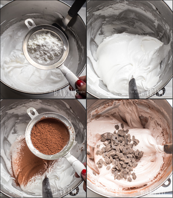 Chocolate Cherry Pavlova - preparation of Meringue, folding in the dry ingredients.