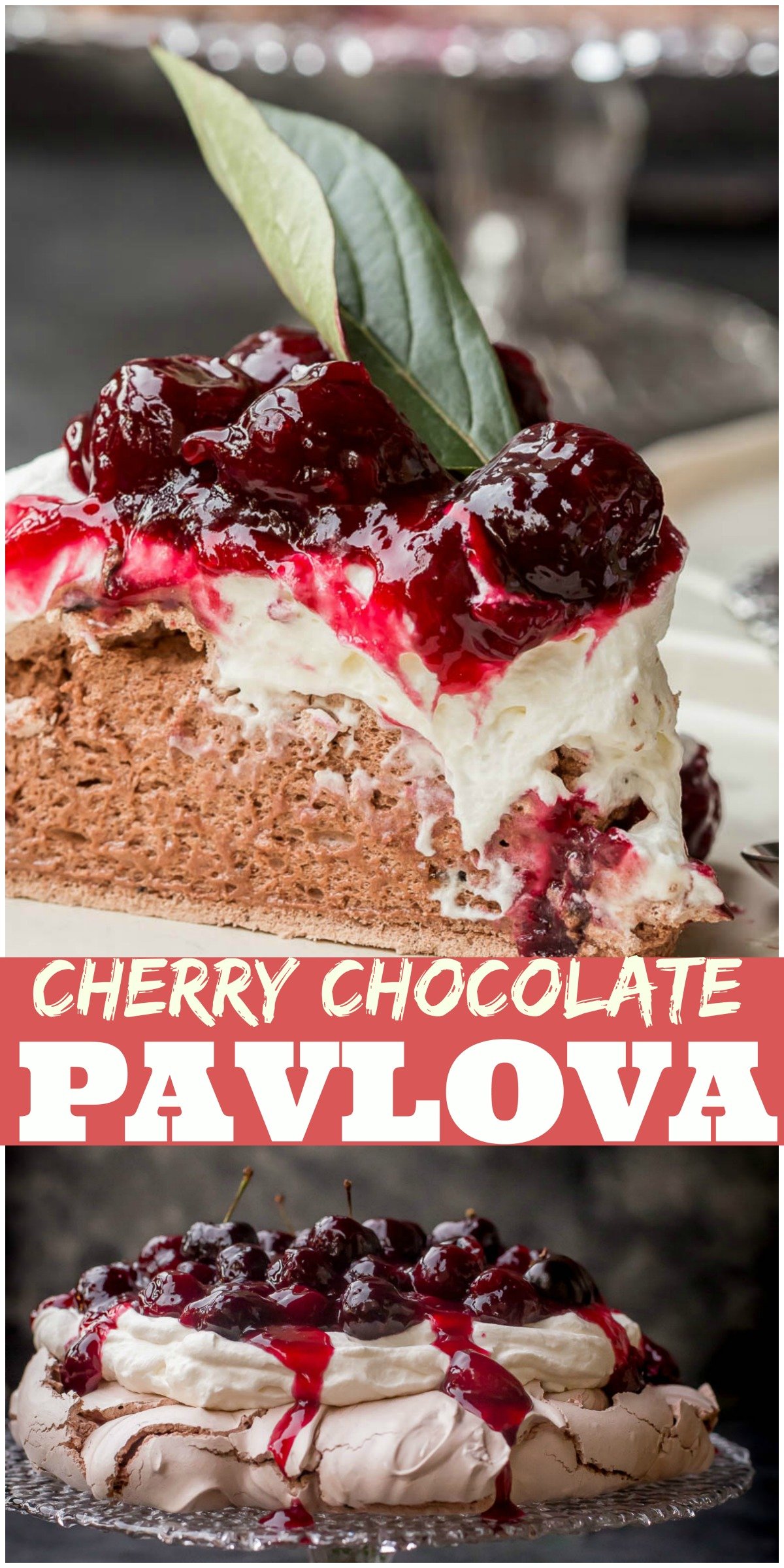 Chocolate Cherry Pavlova is a meringue dessert that's made of crispy on the outside and soft and fluffy as a cloud inside meringue disk, which is then topped with whipped cream and cherry sauce.