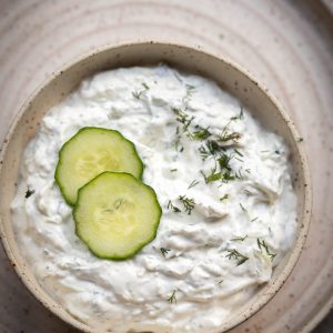 This quick tzatziki sauce can be made in minutes. It's healthy and full of protein thanks to greek yogurt, but you can also make with sour cream.