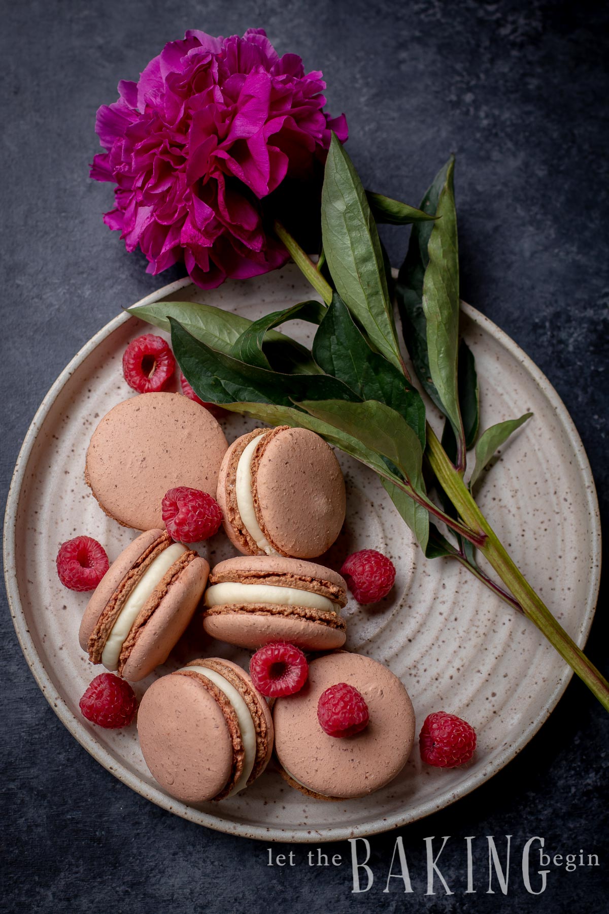 Macarons filled with White Chocolate Ganache and a fresh raspberry. These sweet meringue and chocolate cookies are so addicting!