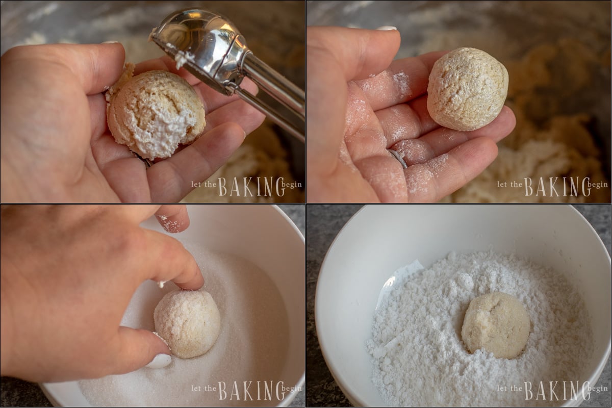Almond Cookies are formed with an ice cream scoop, then rolled in sugar. 