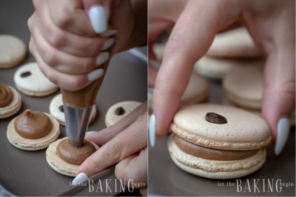 Filling the Coffee Macarons with Coffee ganache.