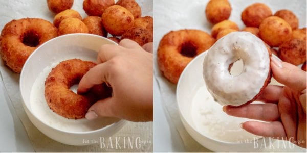 Dipping donuts into the powdered sugar glaze