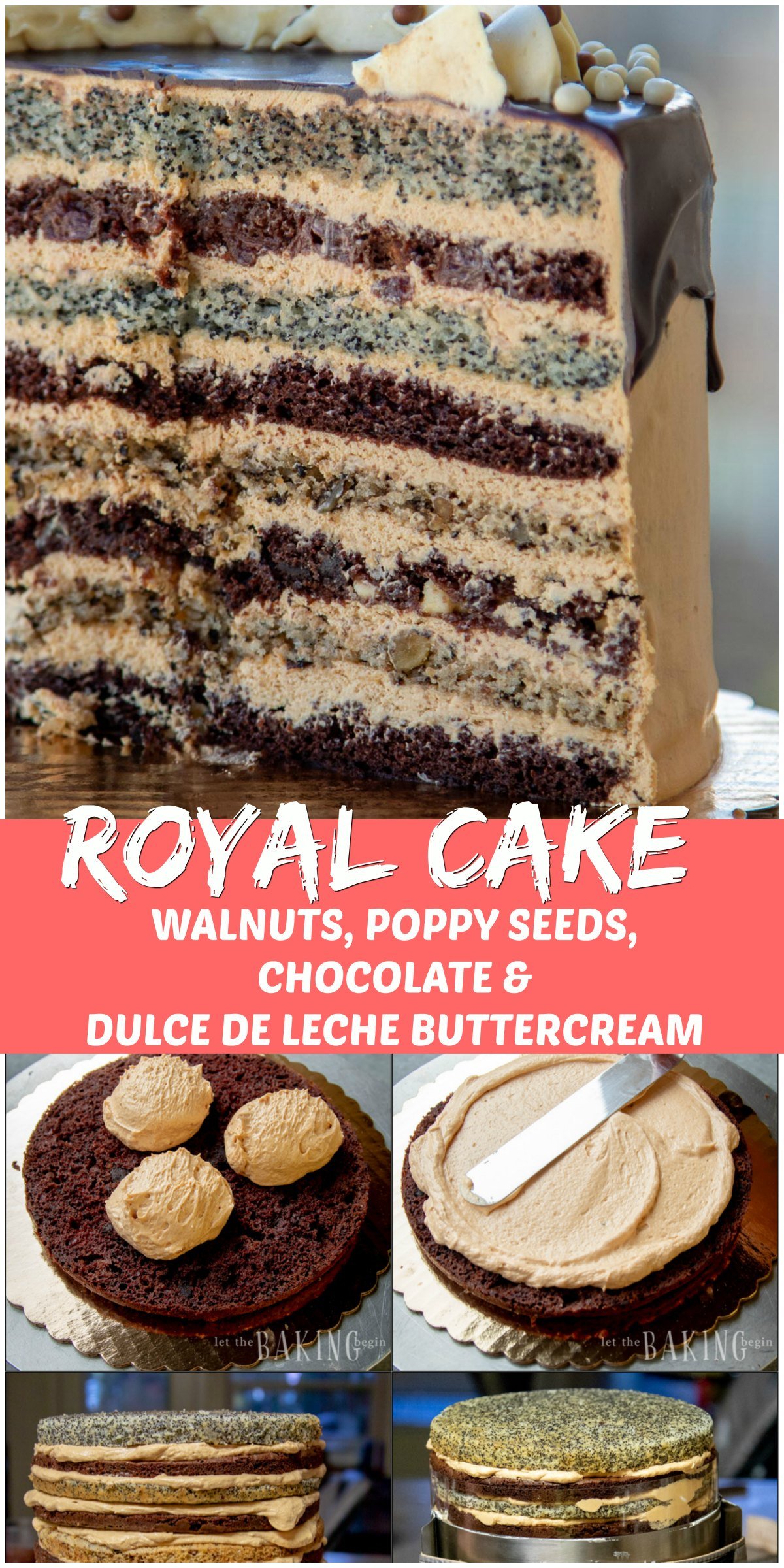Russian Royal Cake (Korolevskiy Cake)- Layers of walnut, poppyseed, cherry and chocolate cakes frosted with Dulce De Leche Buttercream and drizzled with chocolate.