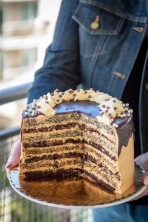 Russian Royal Cake (Korolevskiy Cake)- Layers of walnut, poppyseed, cherry and chocolate cakes frosted with Dulce De Leche Buttercream and drizzled with chocolate.