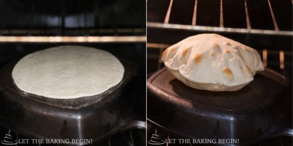 Before and after images of pita bread before cooking and after