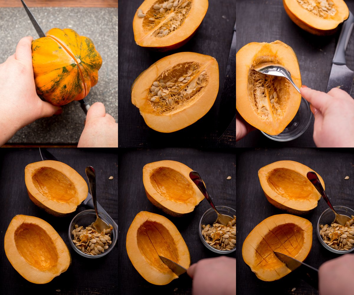 Step by step instructions to how to cut and core the Acorn Squash.