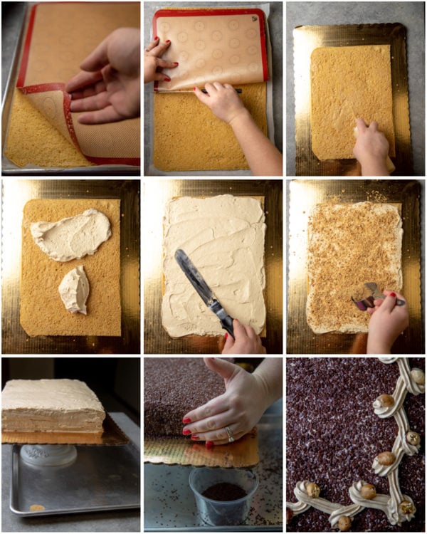 Visual step by step directions for how to assemble a layered dulce de leche cake. 