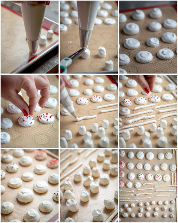 Step by step pictures on how to pipe the meringue mushrooms. 