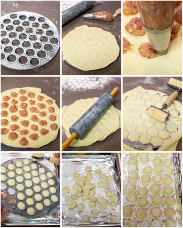Making homemade pelmeni dough with a Russian dumpling mold.