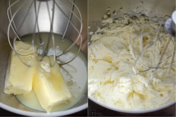 Butter and Sweetened Condensed milk in a mixer bowl with a whip, before and after whipping. - First step to making the Bird's Milk Marshmallow