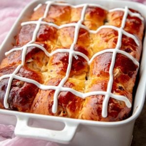 Hot Cross Buns are made with delicious buttery brioche dough, rum soaked fruits and white chocolate.