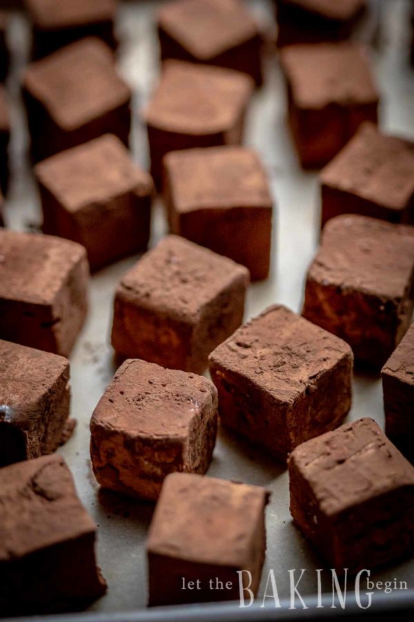 Cocoa Powdered Homemade Marshmallow cubes on a parchment paper.