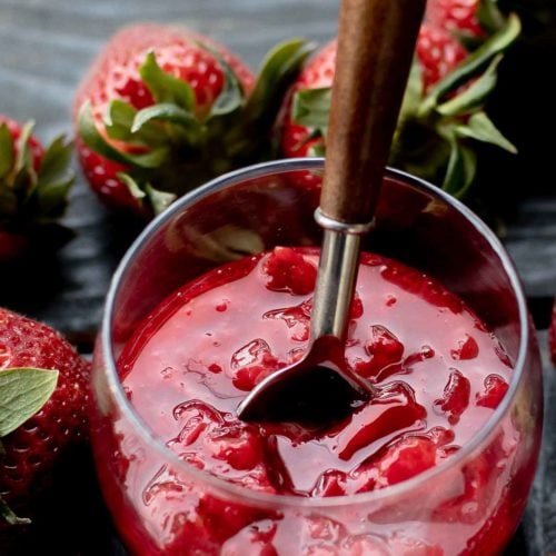Strawberry Sauce in a glass, shot from above.