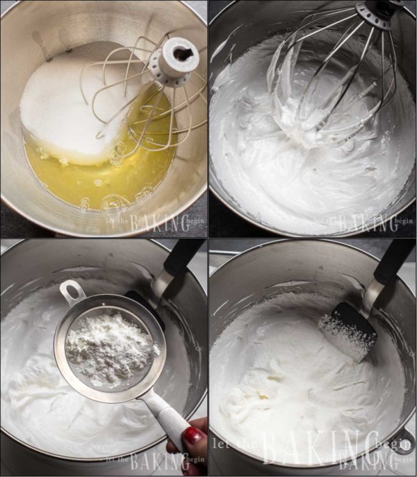 Visual instructions for how to make the meringue base for a pavlova recipe. 