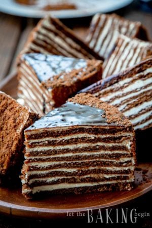 Chocolate layer cake with sour cream frosting on a plate surrounded by cake slices