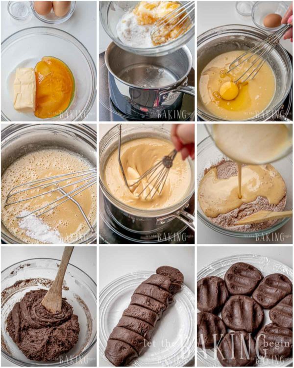 Visual instructions to create the chocolate Spartak dough for the cake. 