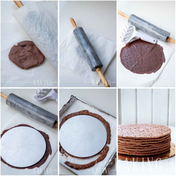 Visual instructions for how to make chocolate spartak layers and ensure they are the same size and shape. 