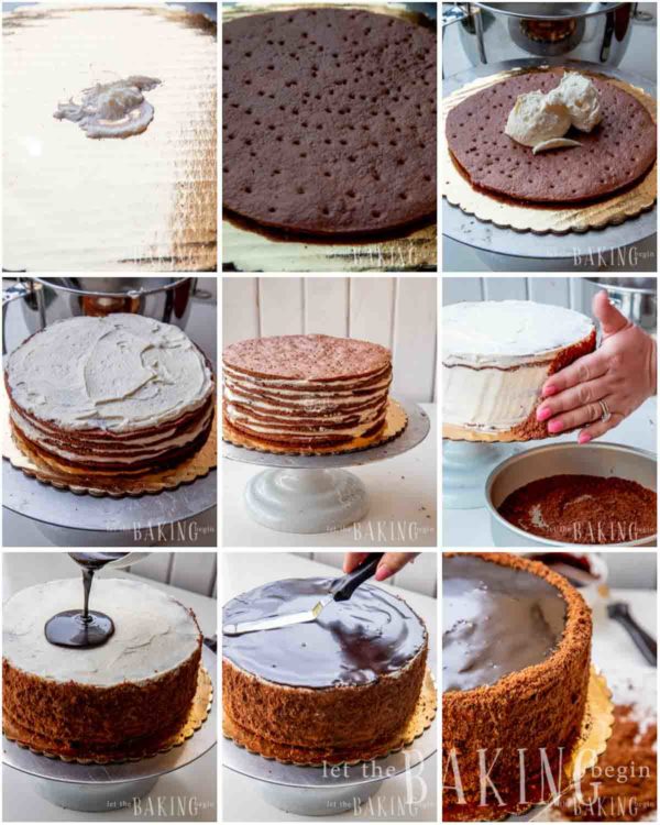 Visual directions for how to layer and coat a Spartak cake. 