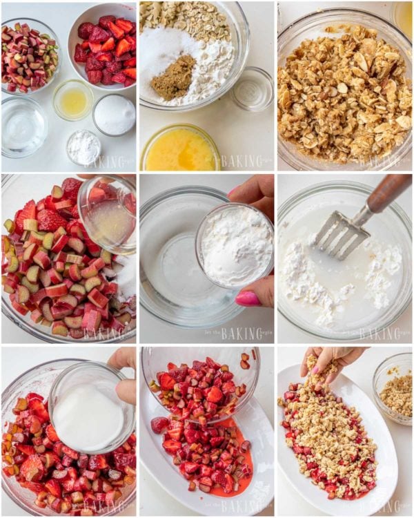 Visual step by step directions for making an easy strawberry rhubarb crisp recipe. 