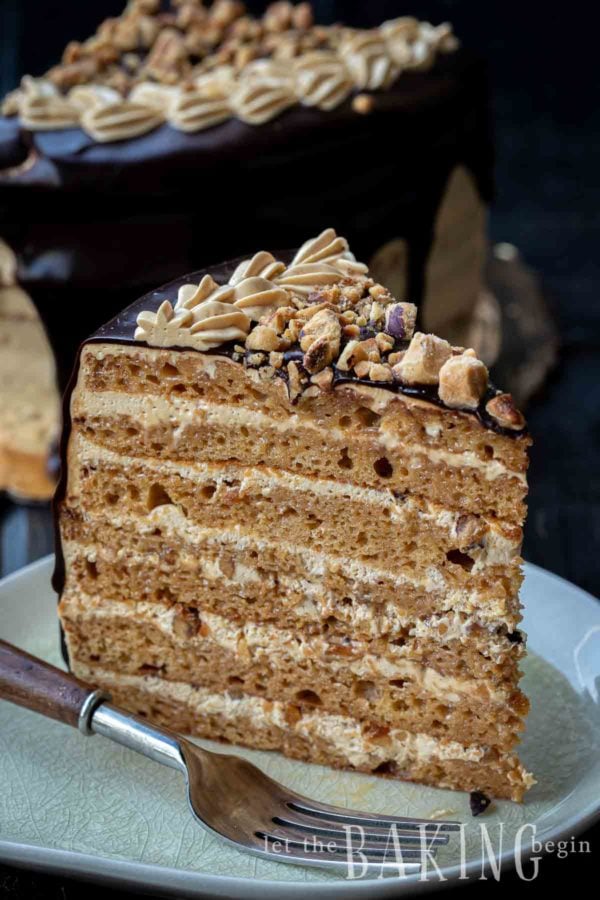 Slice of an eight-layer cake made with dulce de leche. 