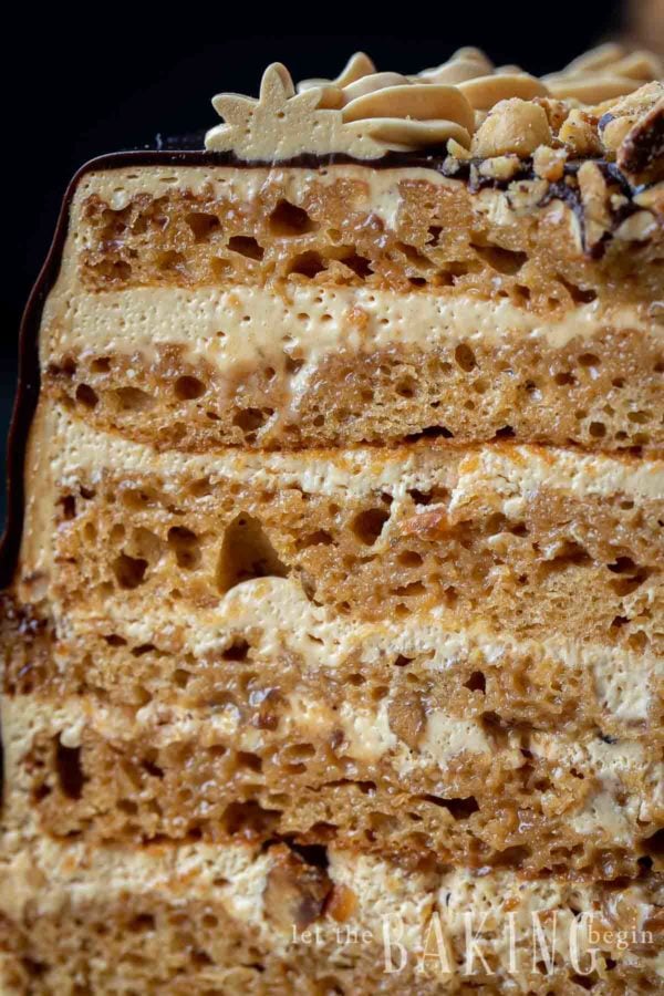 Close up shot of a cake slice from a dulce de leche cake recipe.