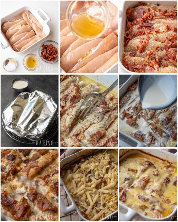 Step by step visual directions for chicken bacon casserole 