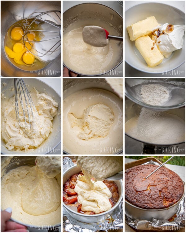 Step by step pictures of how the batter is prepared for the Upside Down Apple Cake.