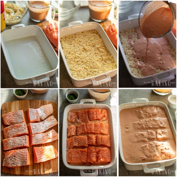 Visual step by step directions for making roasted salmon pasta casserole.