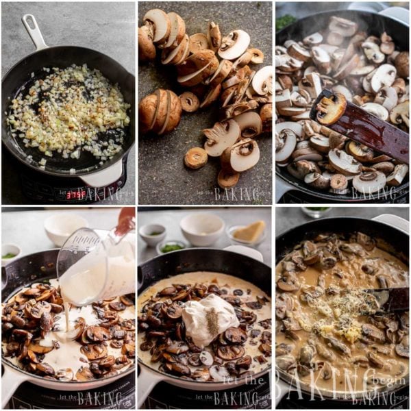 Visual step by step directions for making creamy mushroom sauce.