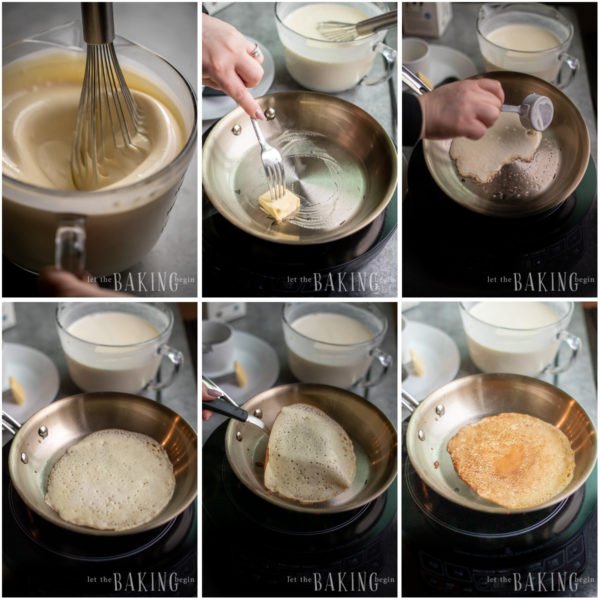 Visual step by step directions of making blinis in a pan