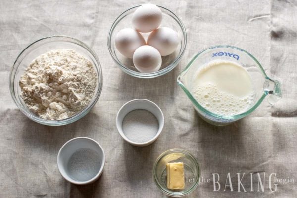Ingredients for a cheese blintz like flour, eggs, milk 