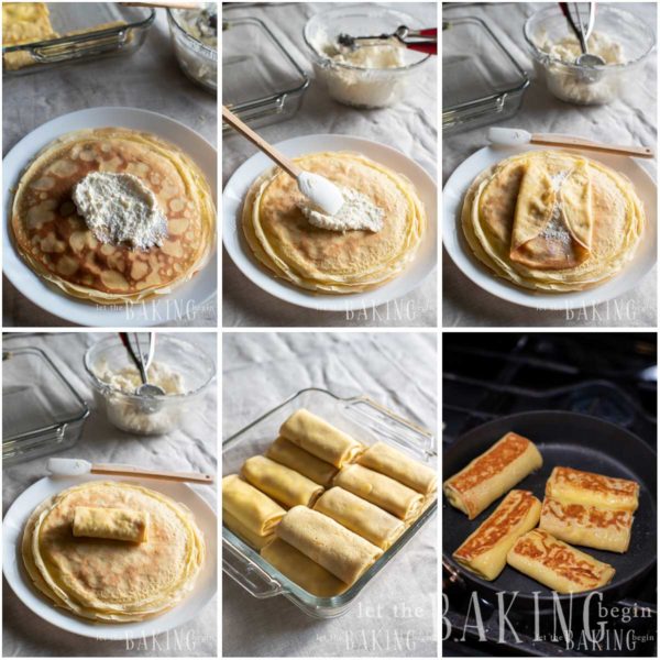 Visual instructions for filling and folding a cheese blintz