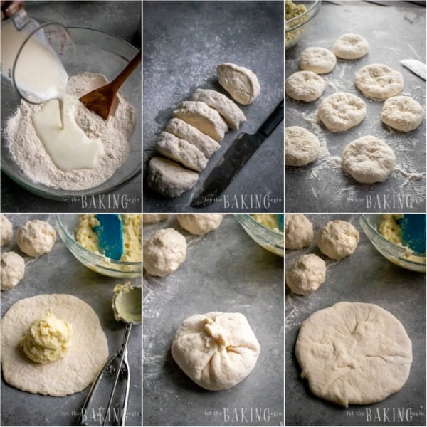 Step by step process of the flatbread dough being mixed, then shaped, and filled.