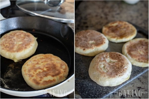 Step by step process of the flatbreads being cooked and then after cooking. 