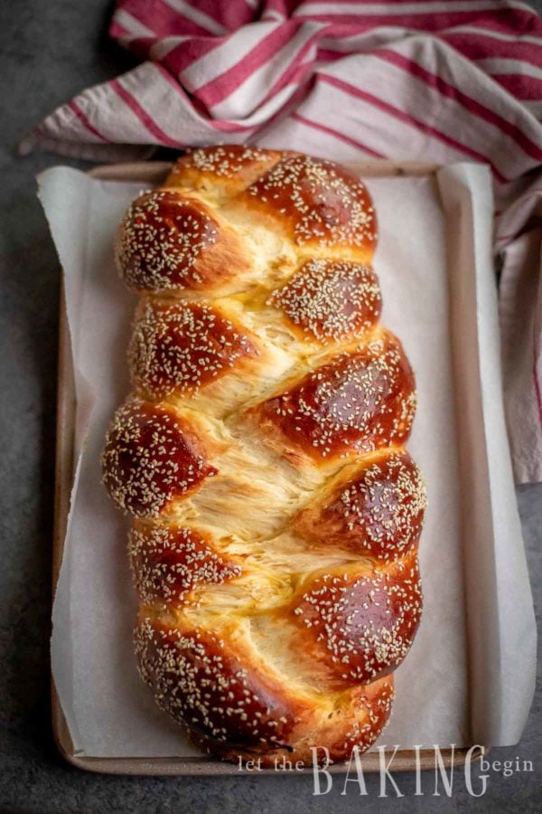 Sweet Bread Braid with sesame seeds sprinkled on top, fresh out of the oven on a baking sheet with a towel around.