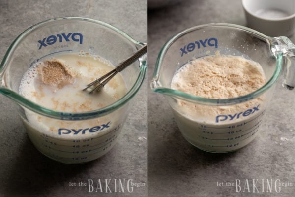 Step by step pictures of yeast and milk mixture before and after rising.
