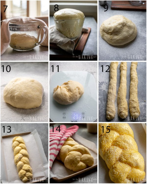 Step by step pictures of the yeast dough rising, then being shaped into a braid.