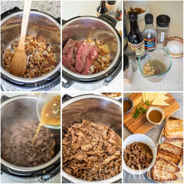 Visual step by step directions for making a French dip sandwich from scratch