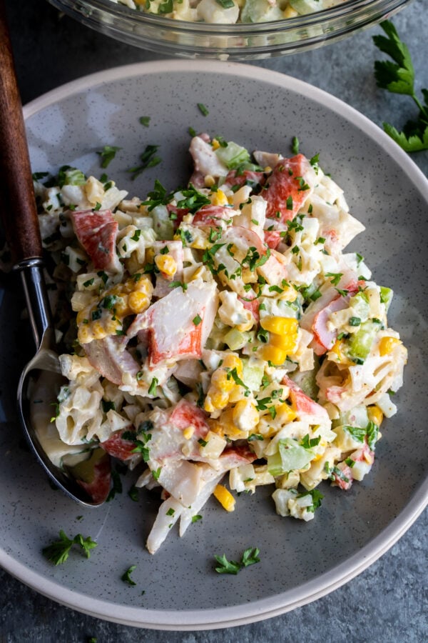 Crab salad recipe with corn and chopped celery.